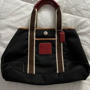 Vtg COACH Hamptons Nylon Tote Shoulder Handbag 5078 Red Leather Trim